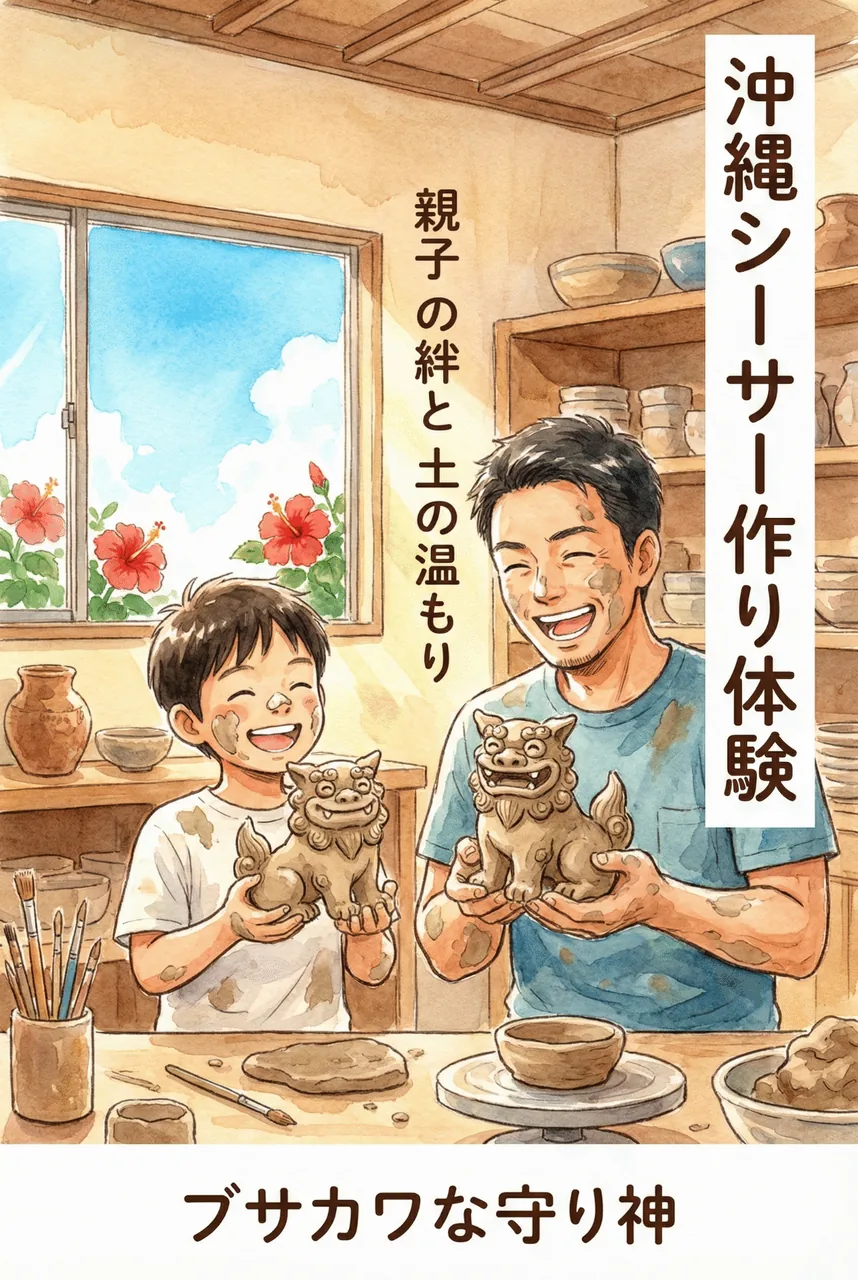少しアンバランスで愛嬌のある手作りシーサーを笑顔で見せ合う親子