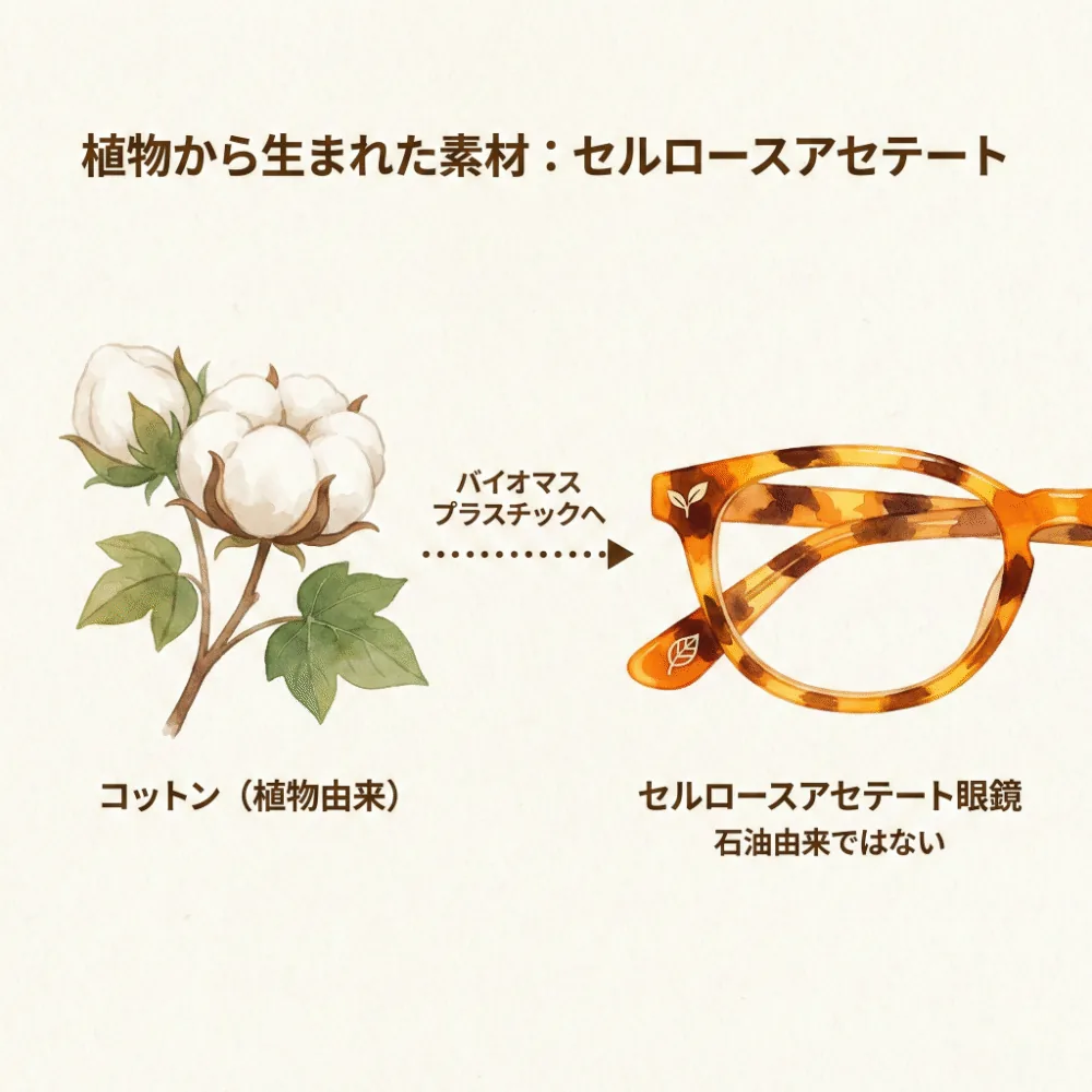 綿花（コットン）からカラフルなめがねフレームが作られているイラスト
