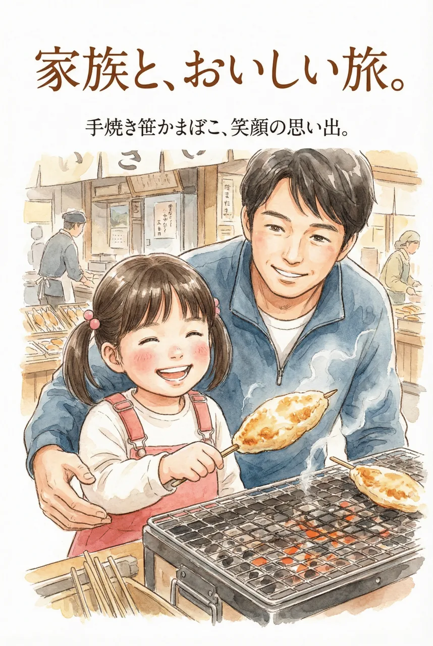 焼き台でぷっくりと膨らんだ笹かまぼこを嬉しそうに見つめる子供と見守る親の様子