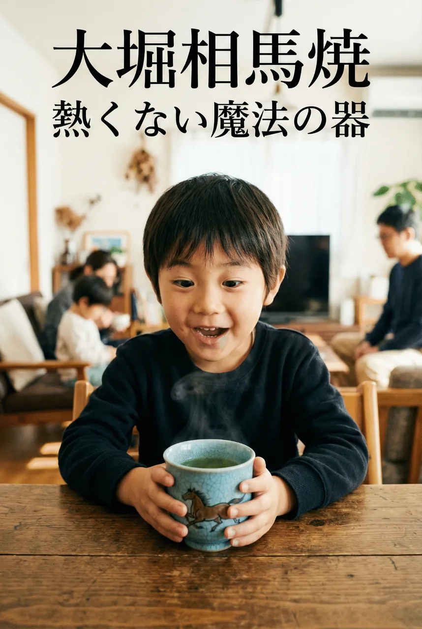 二重構造の大堀相馬焼の湯呑みを両手で持ち、熱くないことに驚きながら笑顔でお茶を飲む子供の様子