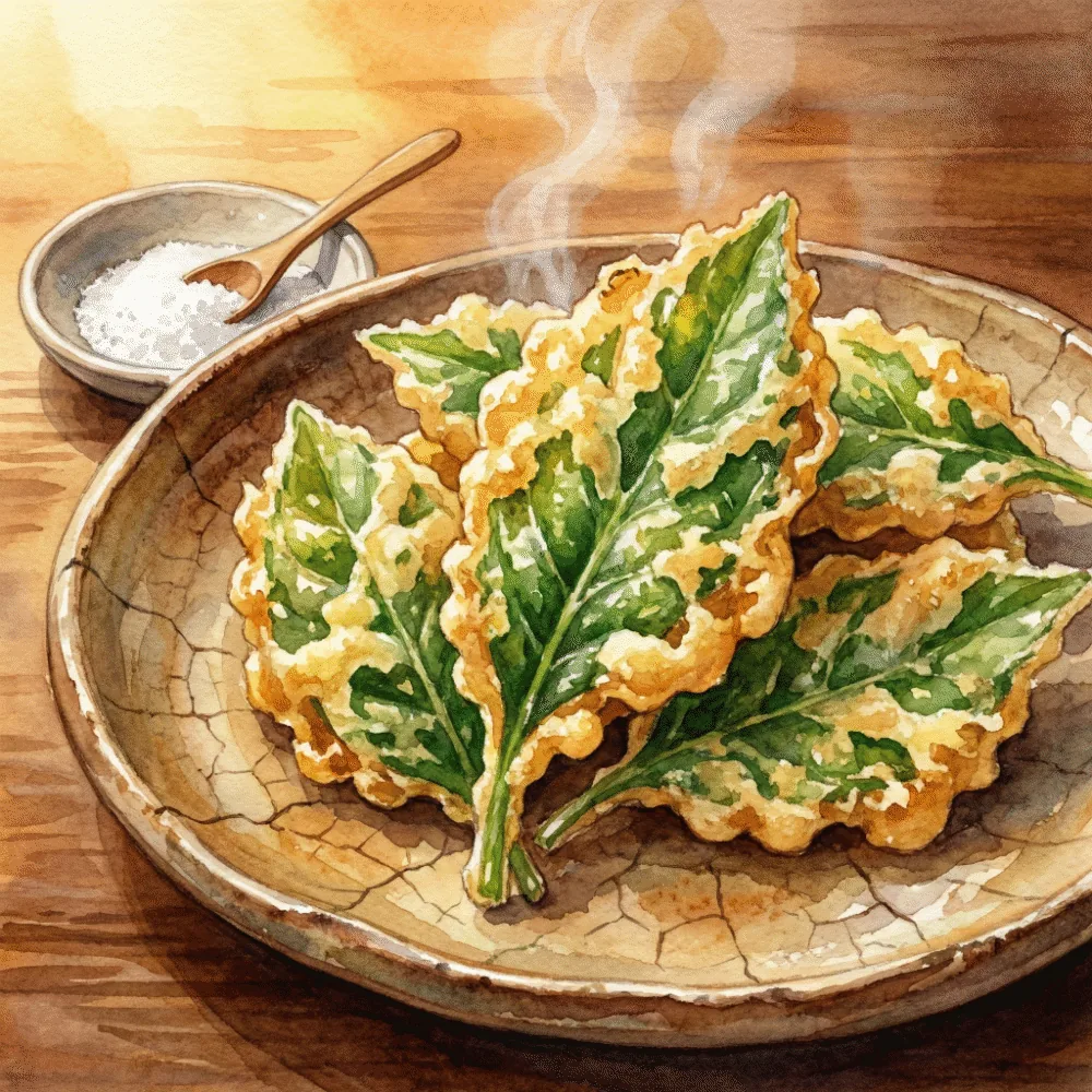 サクッと揚がったお茶の葉の天ぷらのイラスト