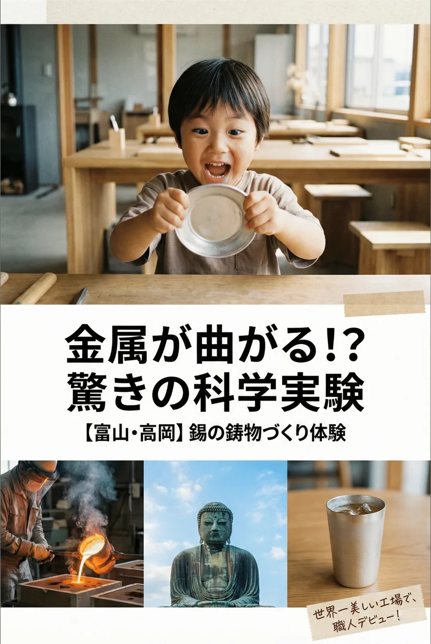 完成した錫の小皿を両手で持って、ぐにゃっと曲がることに驚いて笑顔になる子供の実写風景