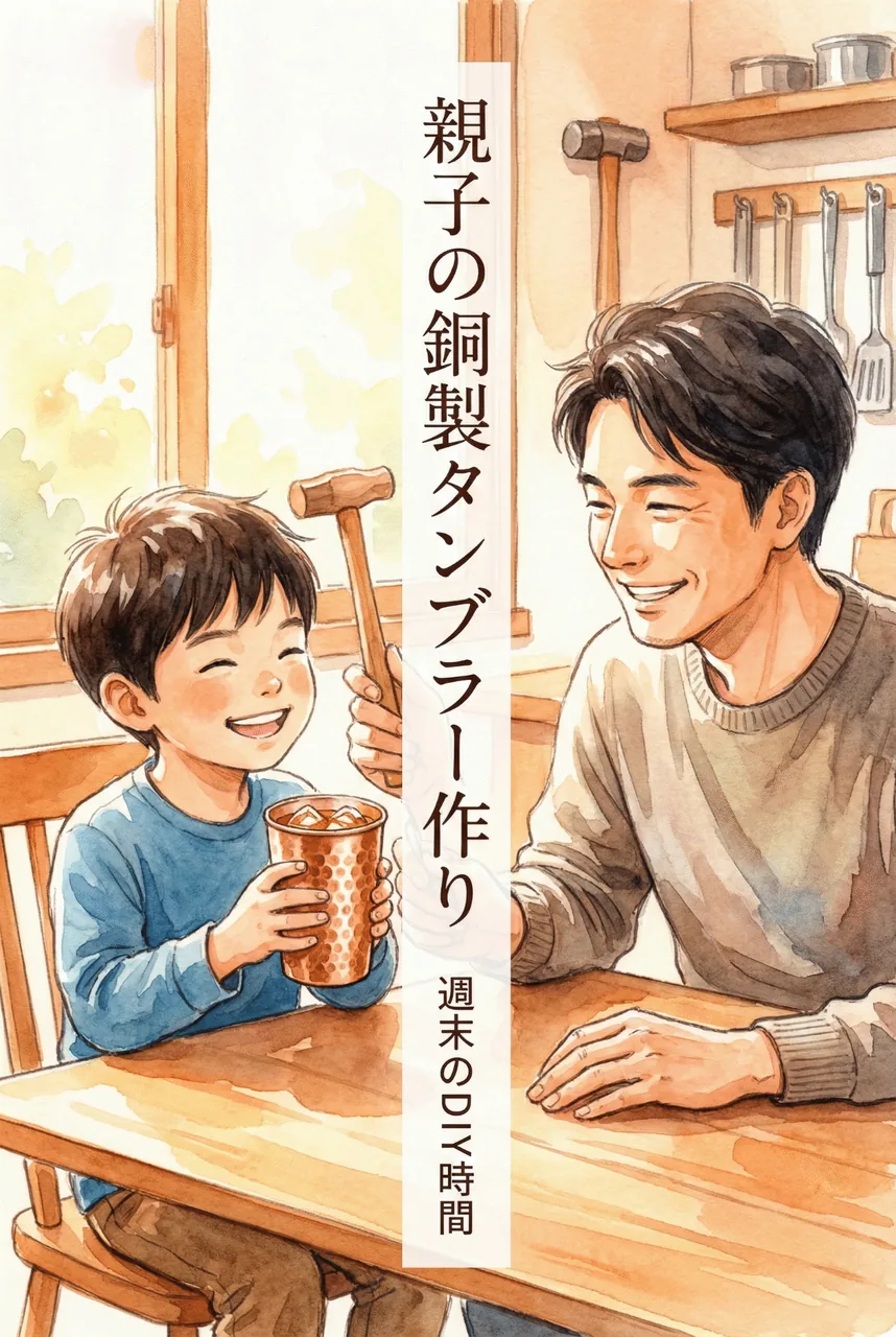 鎚目でボコボコになったピカピカの純銅タンブラーで笑顔で麦茶を飲む親子の様子