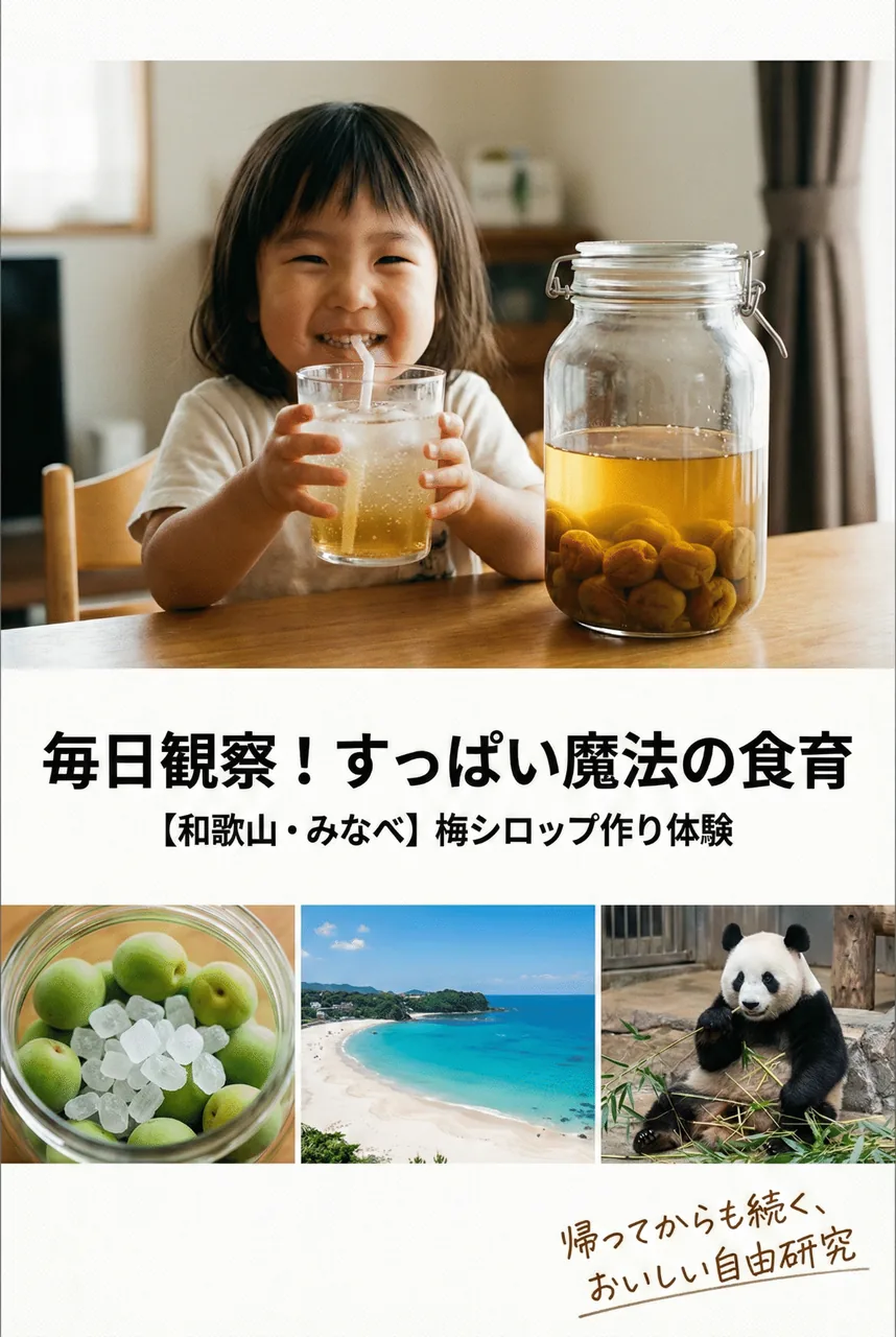 完成した自家製の梅シロップを炭酸水で割り、嬉しそうに飲んでいる子供の実写風景