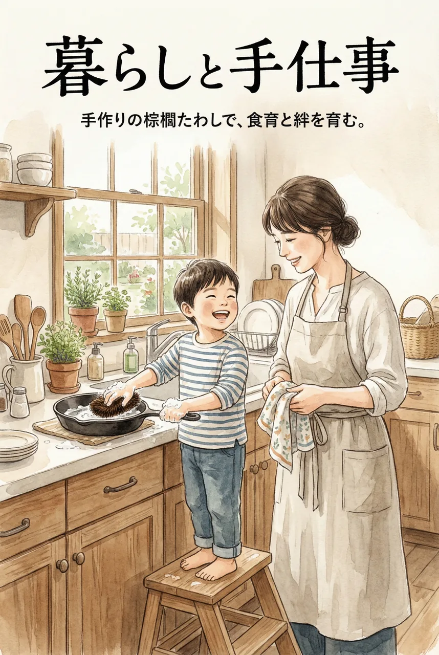 自分で選んだシュロたわしで、得意げにお皿を洗う子供と見守る親の様子