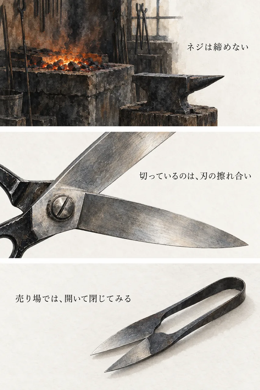 鍛冶場の火、裁ちばさみの刃の交差、握り鋏を縦に並べた、まとめのイラスト