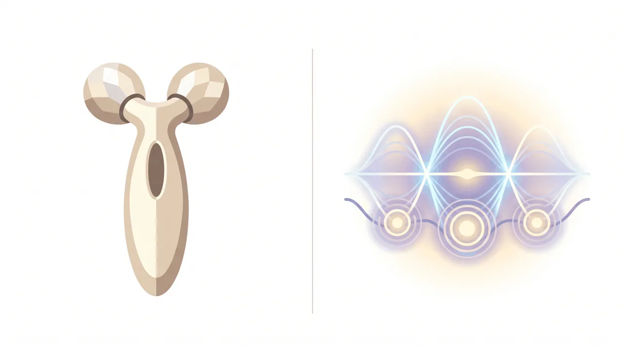 物理的なマッサージとマイクロカレント波の相乗効果を示すイラスト