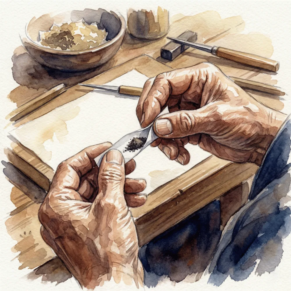 職人が和紙に火薬を載せて、指先で丁寧に縒り合わせている線香花火作りの手元の様子
