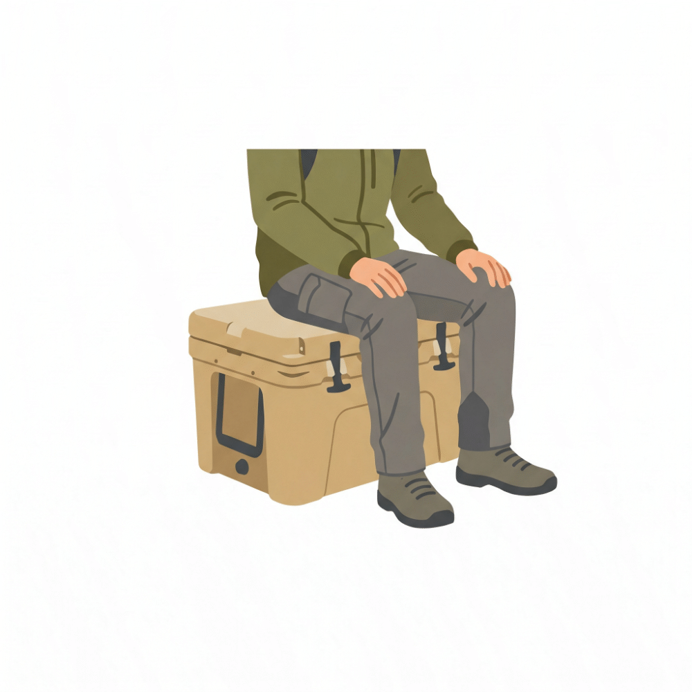 クーラーボックスの上に大人が椅子代わりに座っているイラスト