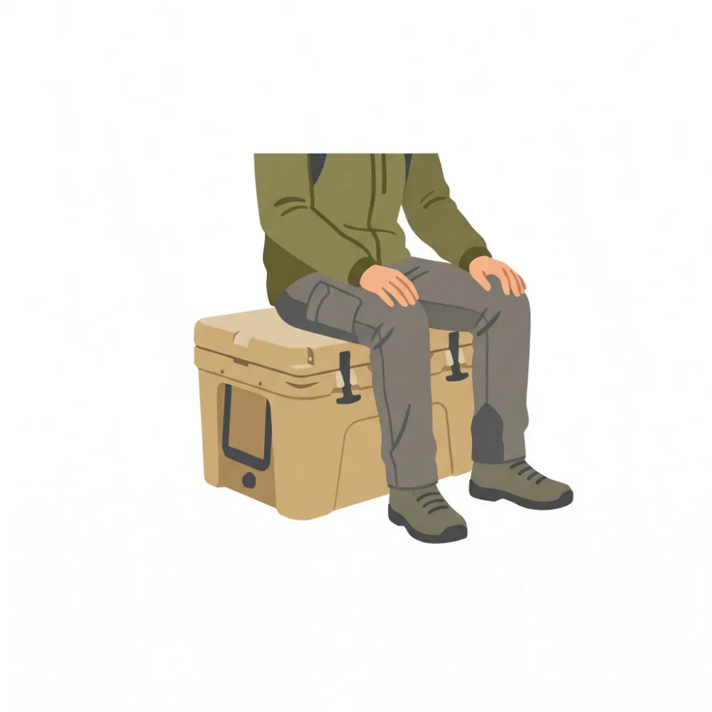 クーラーボックスの上に大人が椅子代わりに座っているイラスト