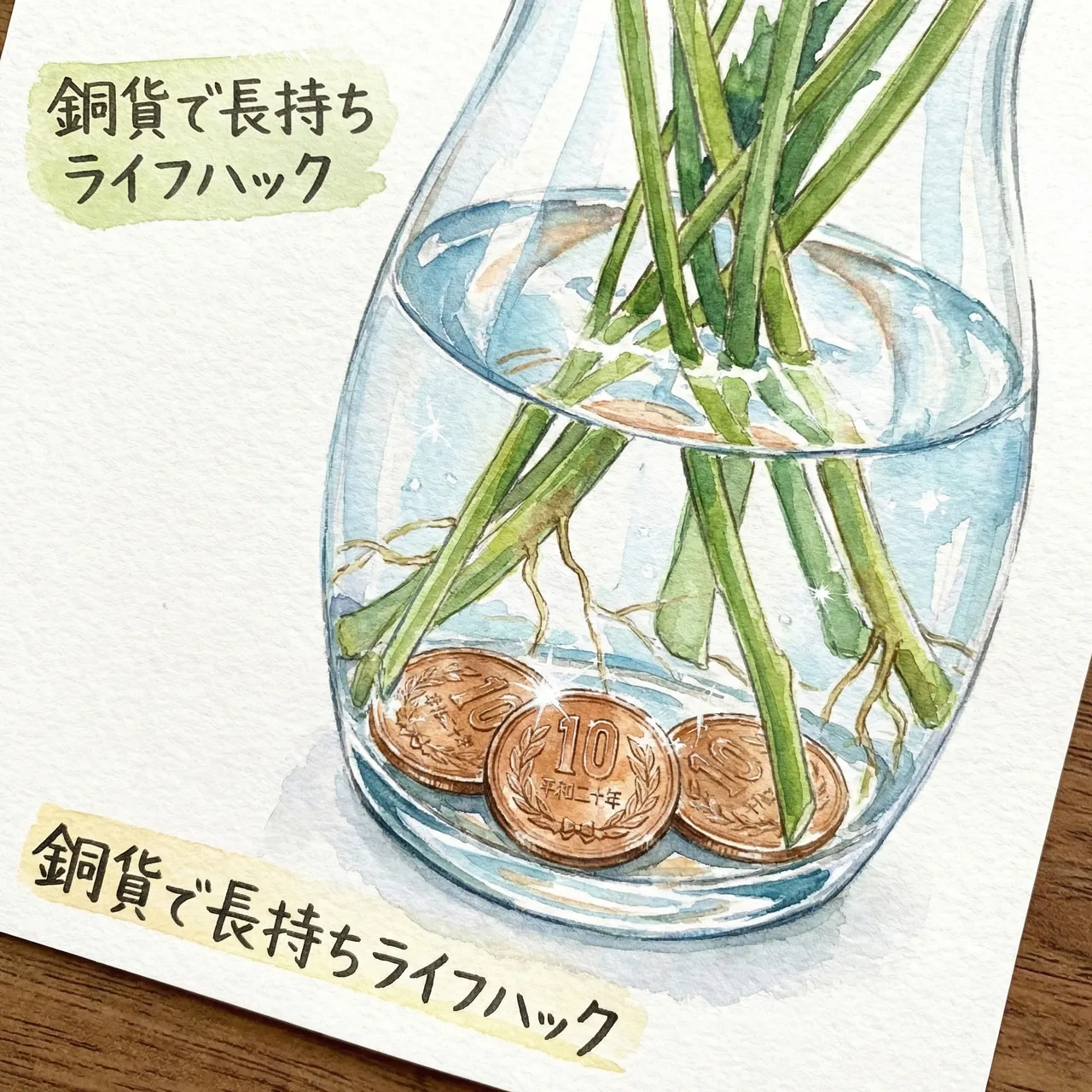ガラスの花瓶の中に10円玉を入れて殺菌効果を狙う裏技のイラスト
