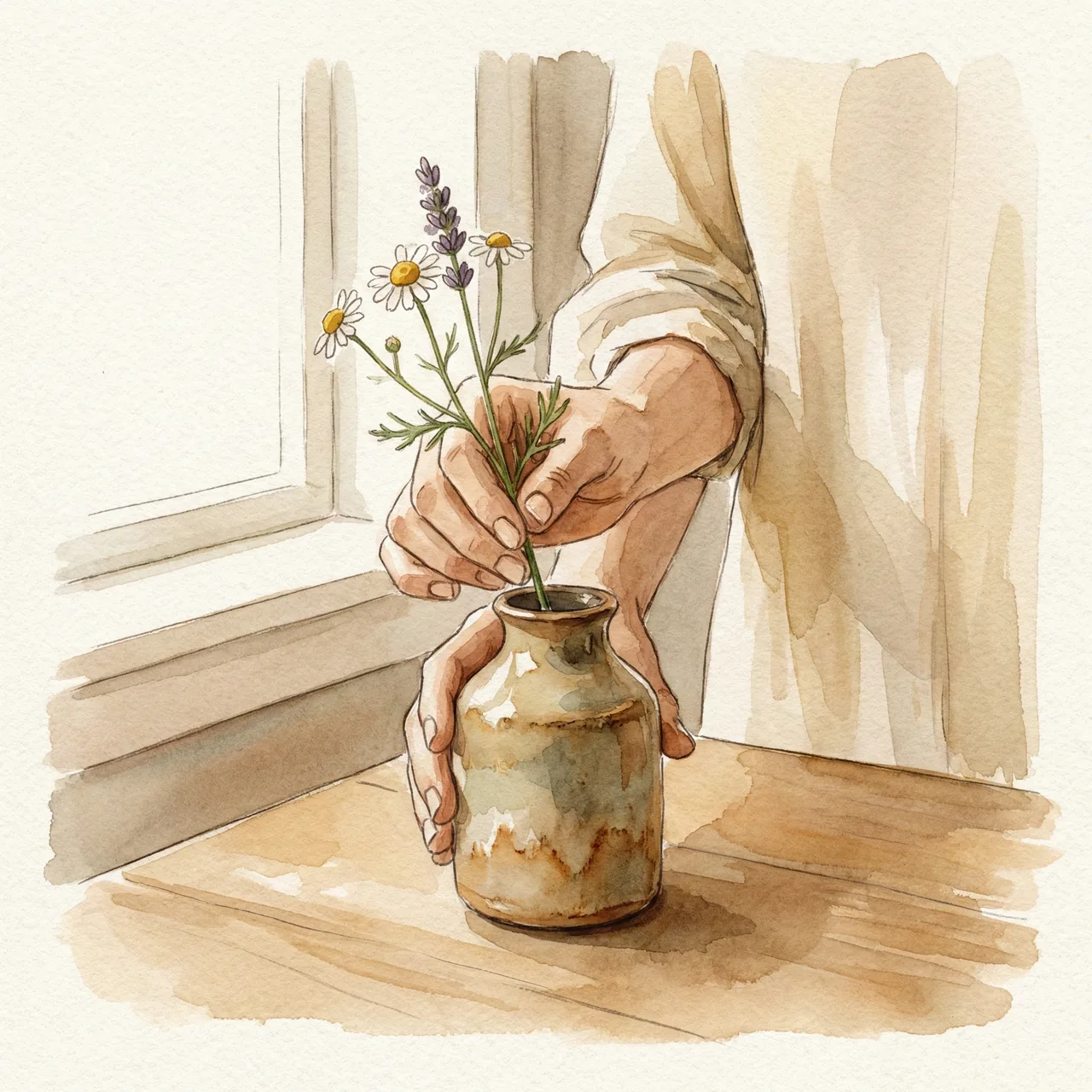 庭の野草を一輪挿しに生けている手元のイラスト