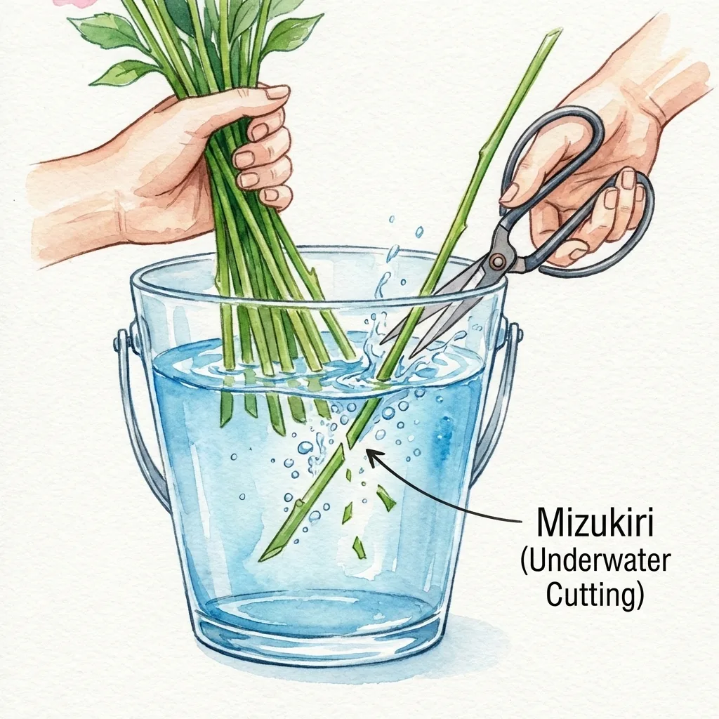 バケツの水の中で茎をハサミで切っている「水切り」のイラスト