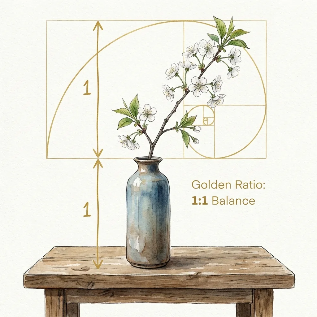 花と花瓶の黄金比率（1:1）を示す図解イラスト