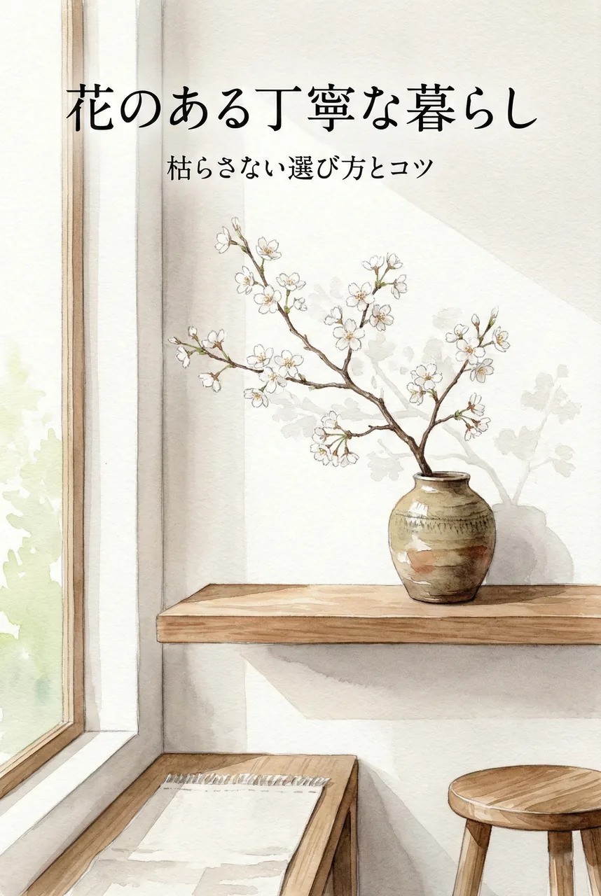季節の花が一輪挿しに飾られた、丁寧な暮らしを感じさせる玄関の画像
