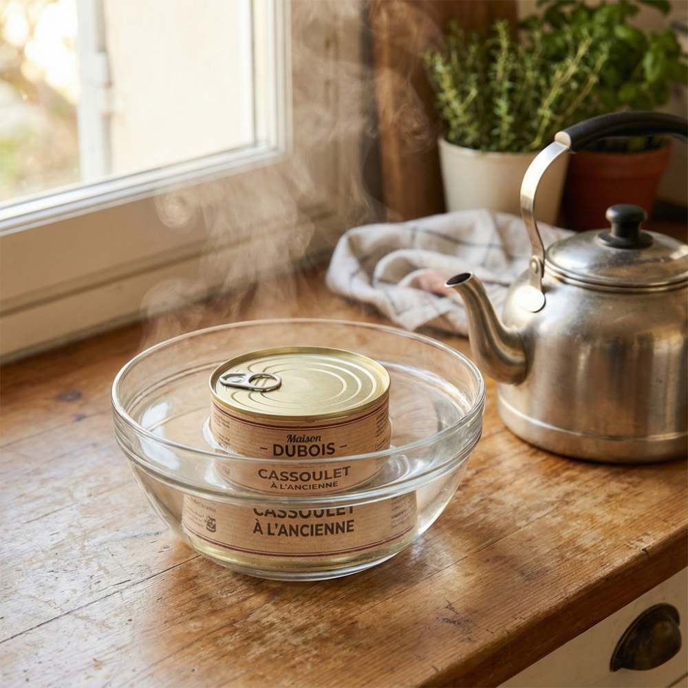 ボウルにお湯を張って缶詰を温めている様子