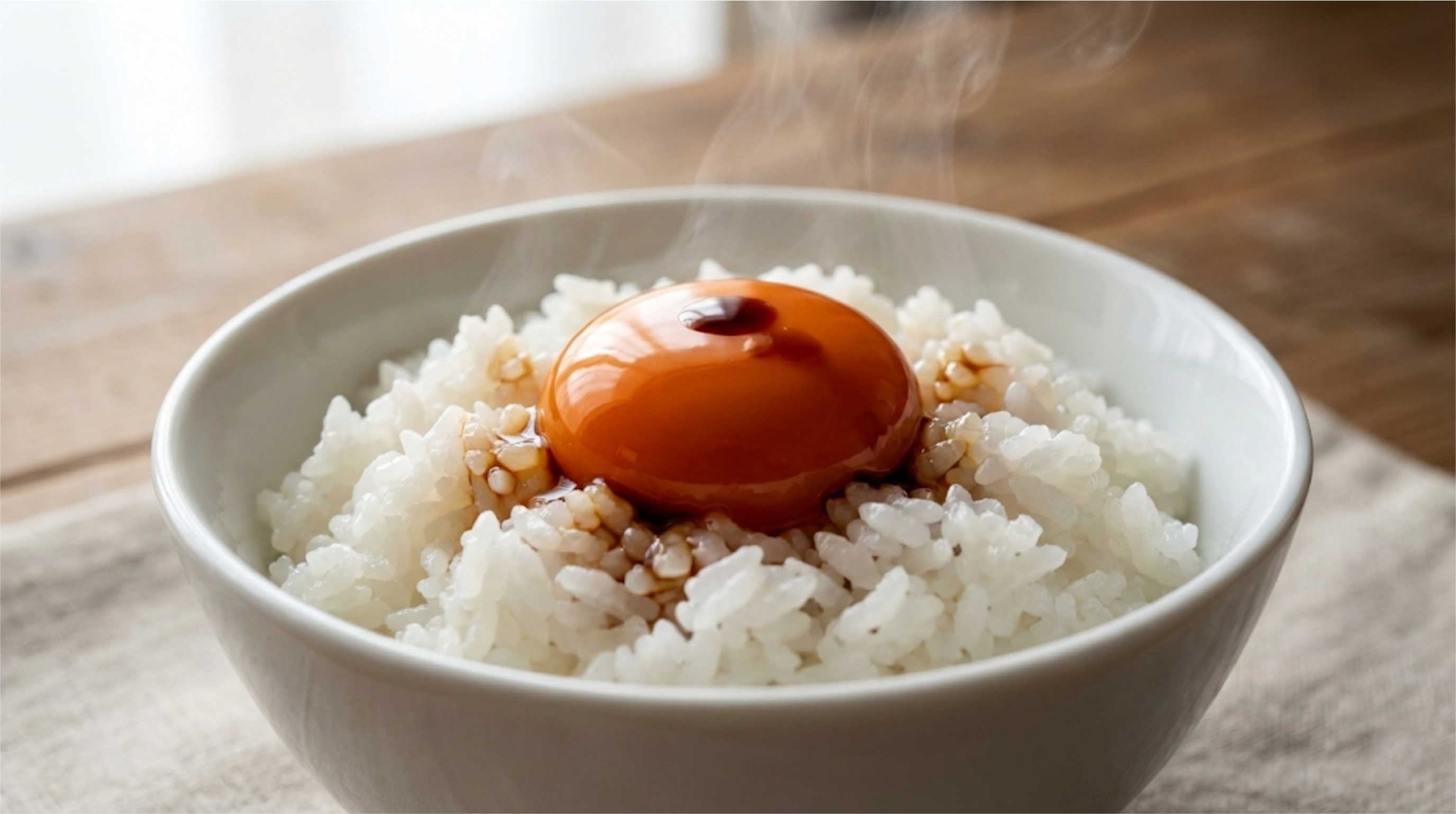黄金色に輝く濃厚な卵黄が乗った卵かけご飯のイメージ
