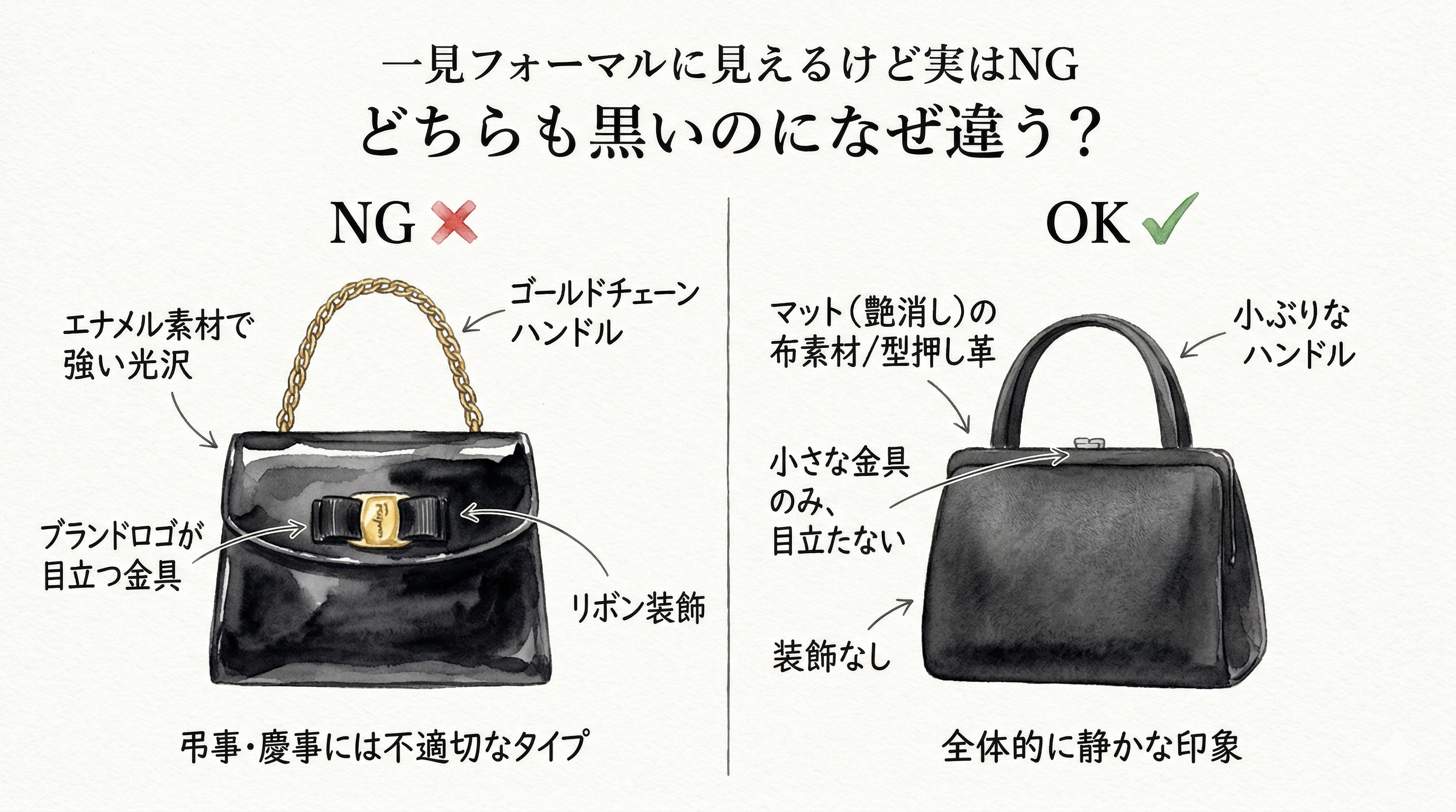 フォーマルバッグのNG例（金具が光る・プリント柄・大きすぎる）と正解例（黒・艶消し・シンプル）の比較イラスト