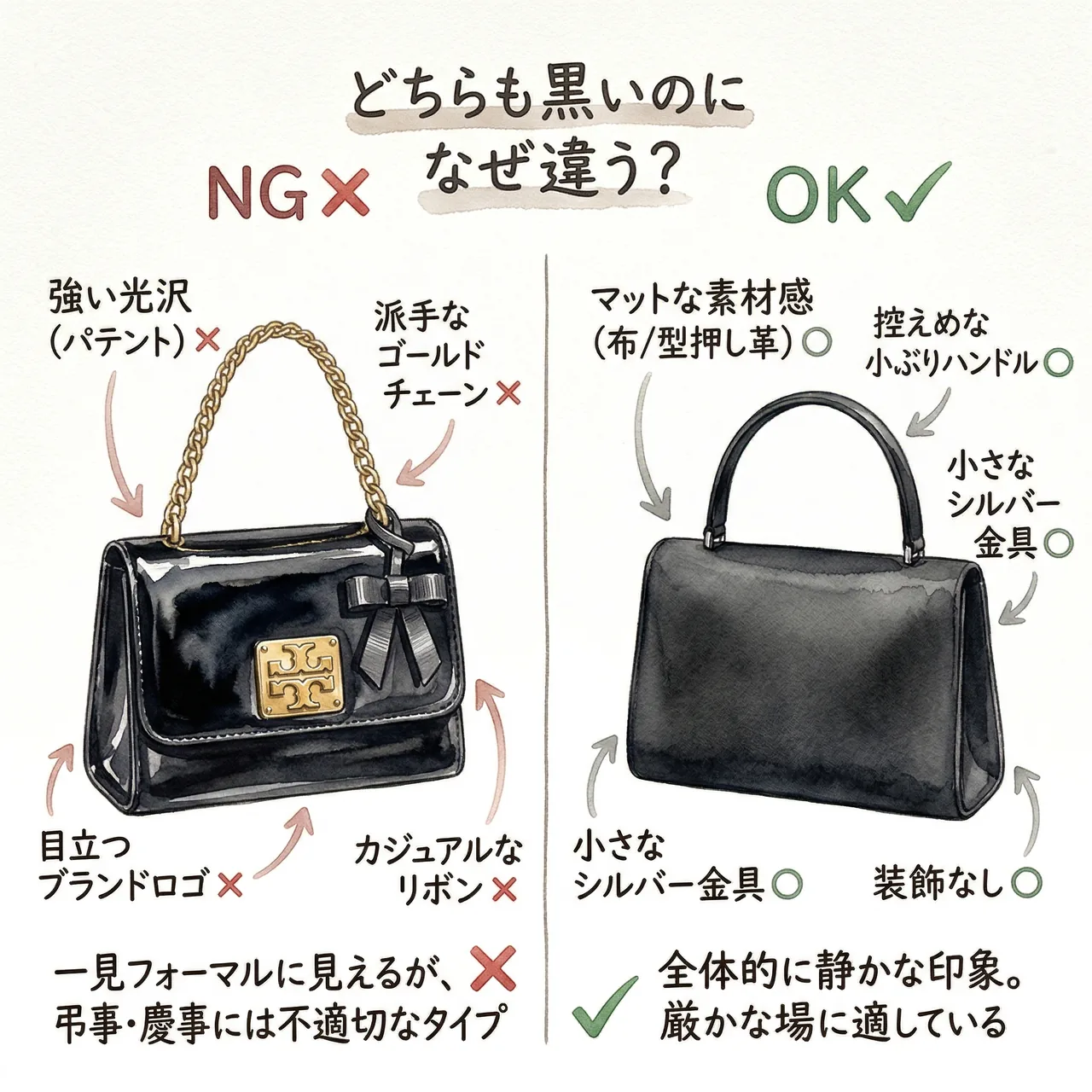 フォーマルバッグのNG例（金具が光る・プリント柄・大きすぎる）と正解例（黒・艶消し・シンプル）の比較イラスト
