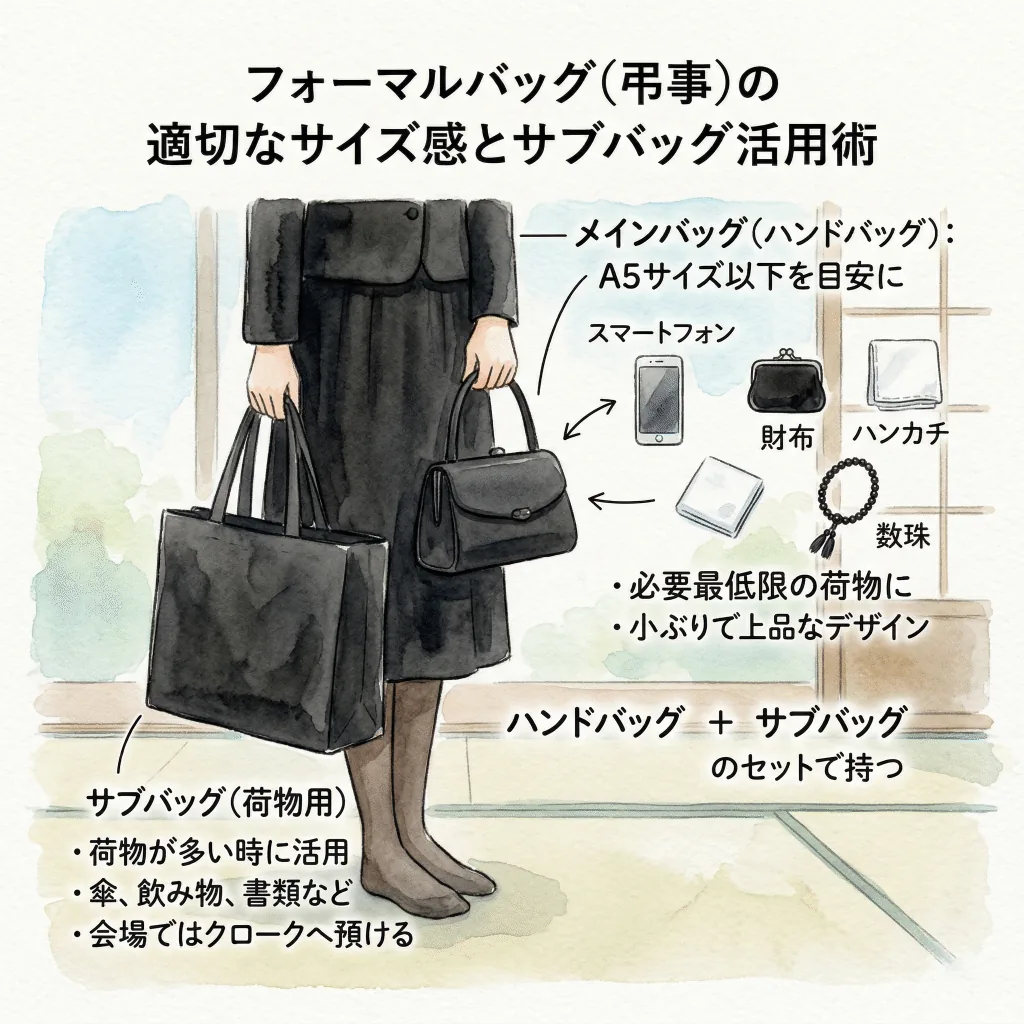 フォーマルバッグの適切なサイズ感を示すイラスト。A4より小さく、腕に通せるサブバッグとのセット