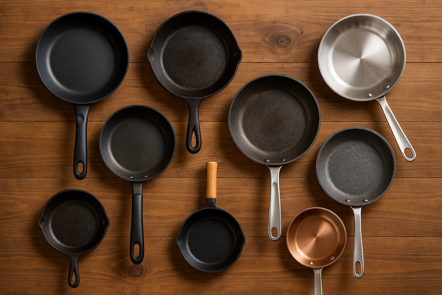 さまざまな日本製フライパンがテーブルに並んでいる様子
