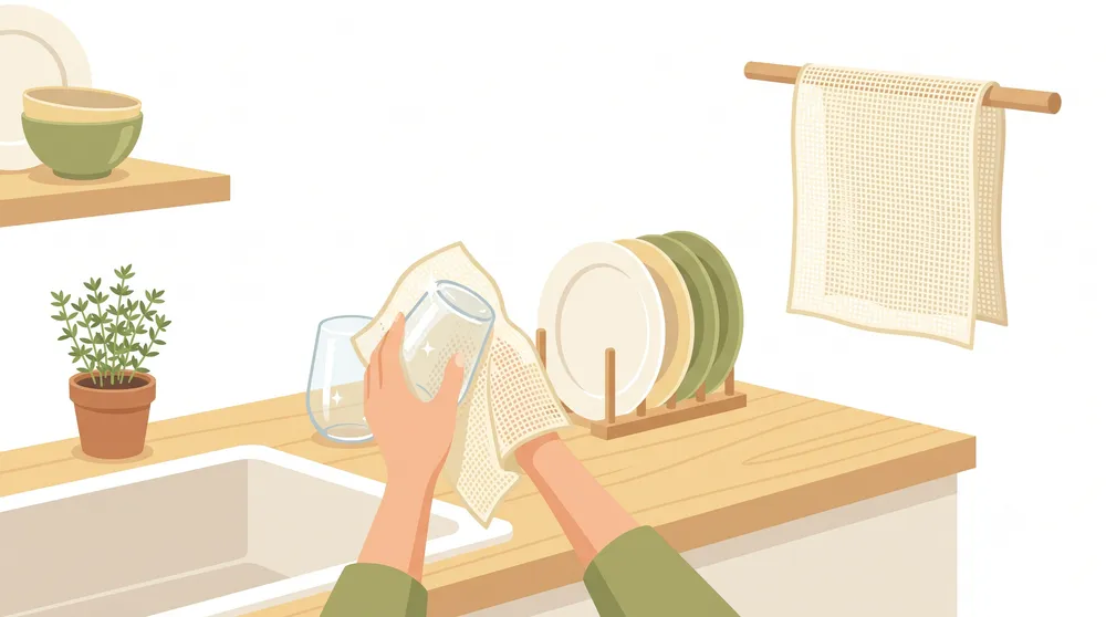 蚊帳生地の白雪ふきんで食器を拭く、清潔で気持ちのよいキッチンのイメージイラスト