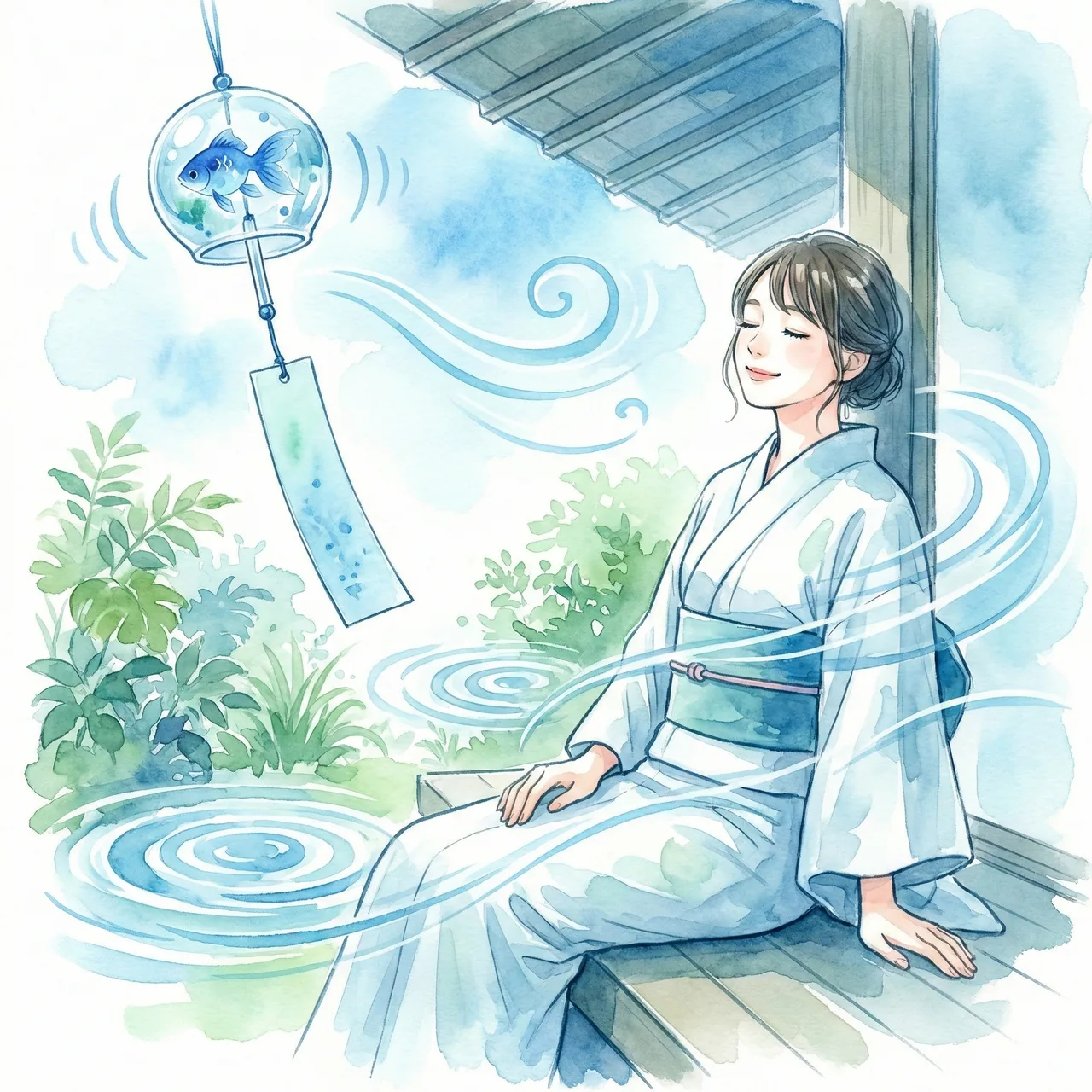 風鈴の音を聞いて脳がリラックスし、涼しさを感じている様子のイメージイラスト