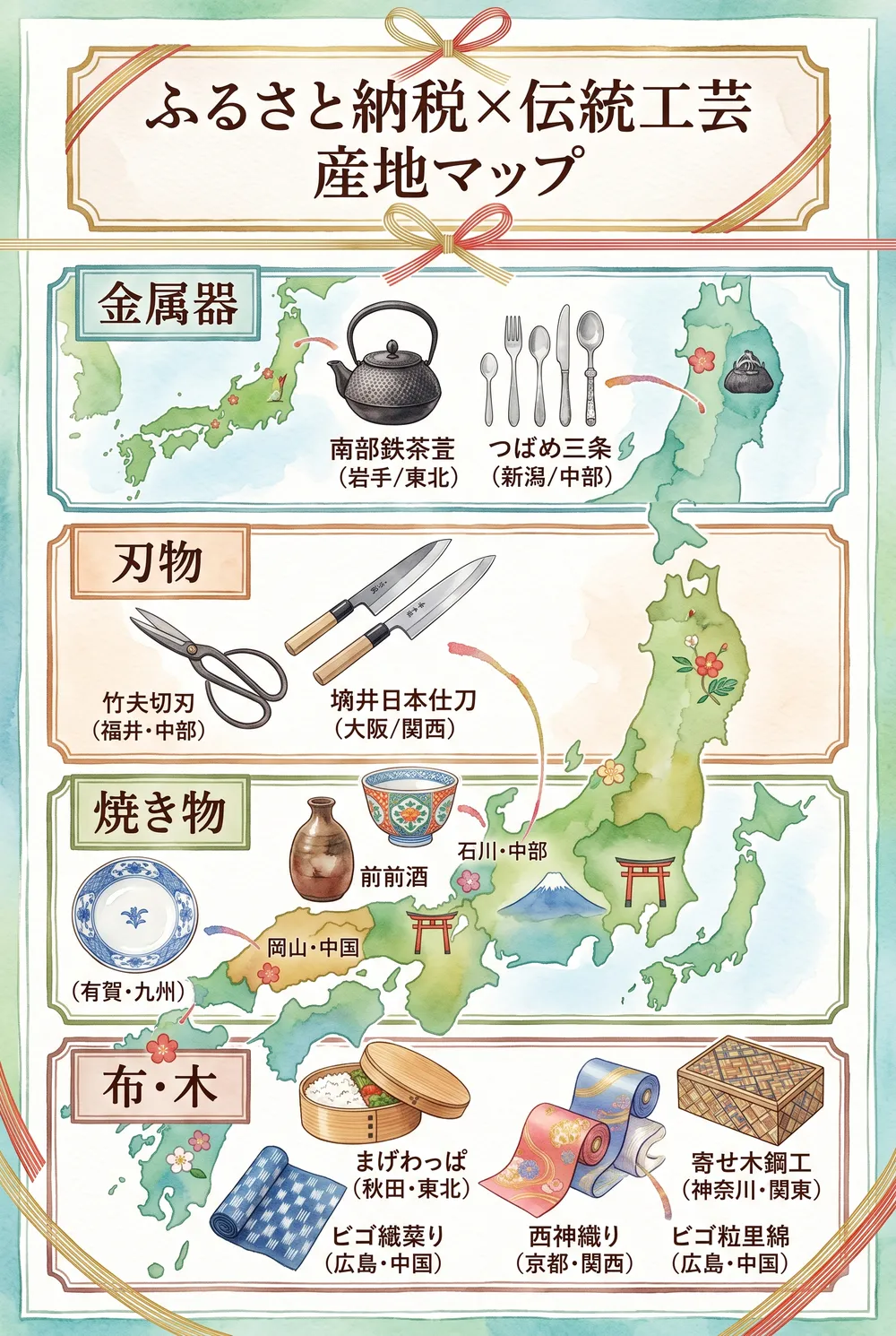 ふるさと納税でもらえる日本の伝統工芸品の産地別まとめインフォグラフィック
