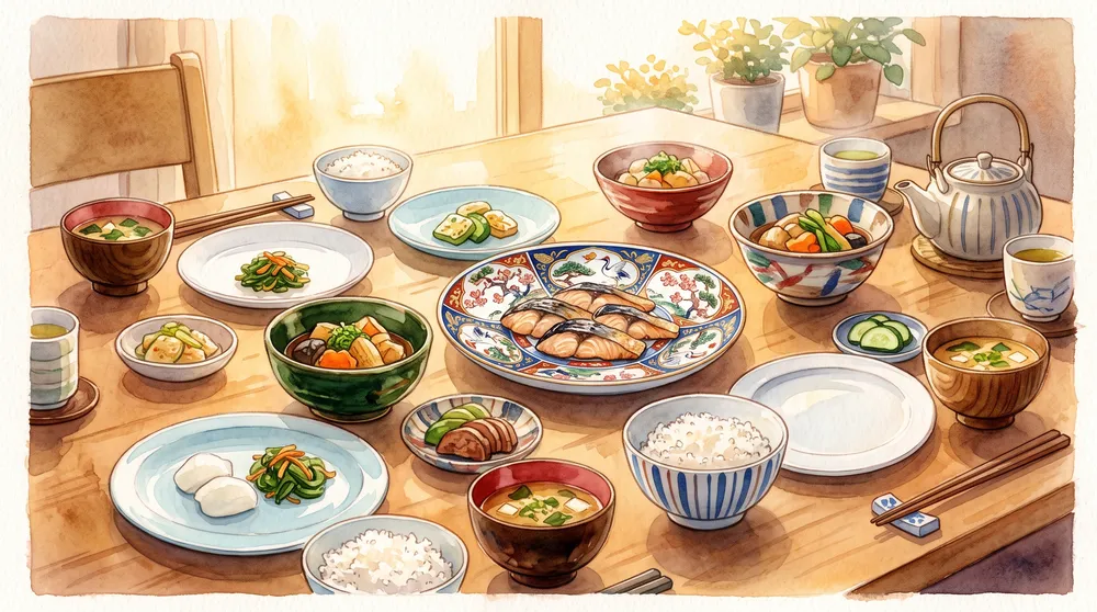 波佐見焼のモダンな食器と有田焼の絵付けのうつわ、美濃焼の日常食器を並べたイラスト
