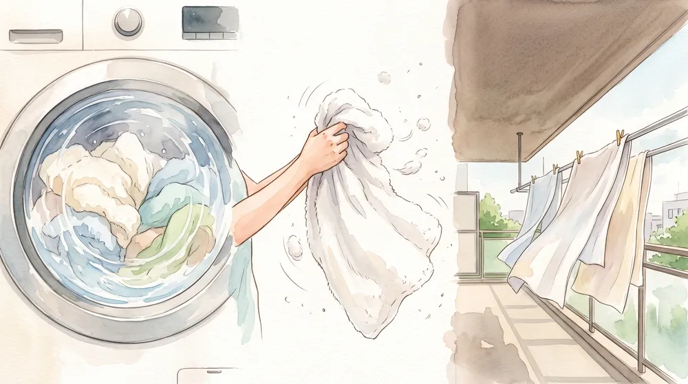 タオルをたっぷりの水で洗い、振ってパイルを立たせてから陰干しするお手入れ手順のイラスト