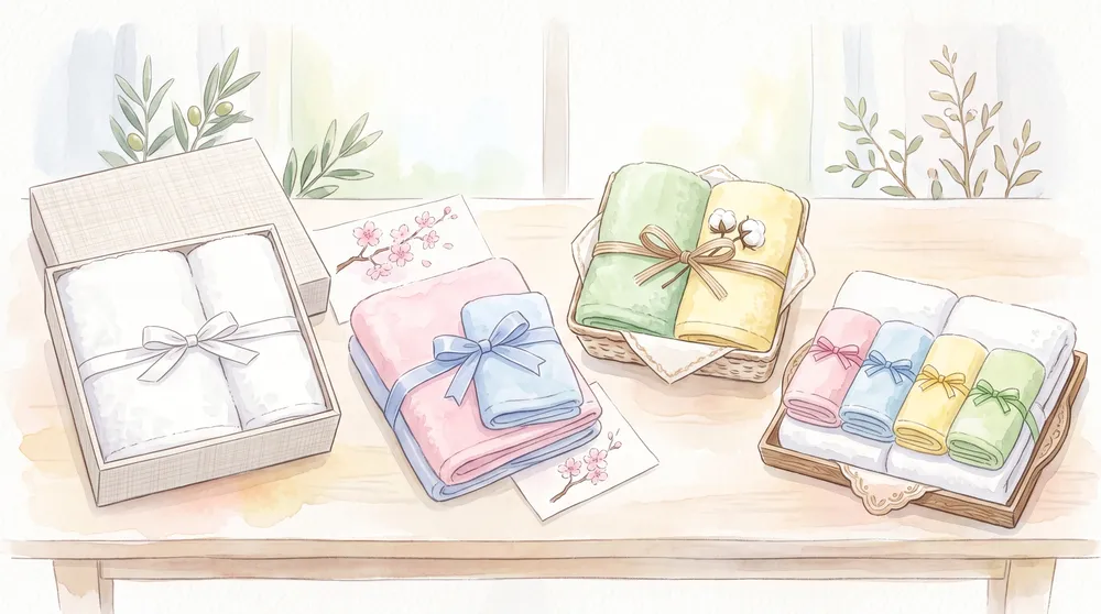 バスタオルとフェイスタオルのセット構成の違いを白とカラーのタオルで比較したイラスト