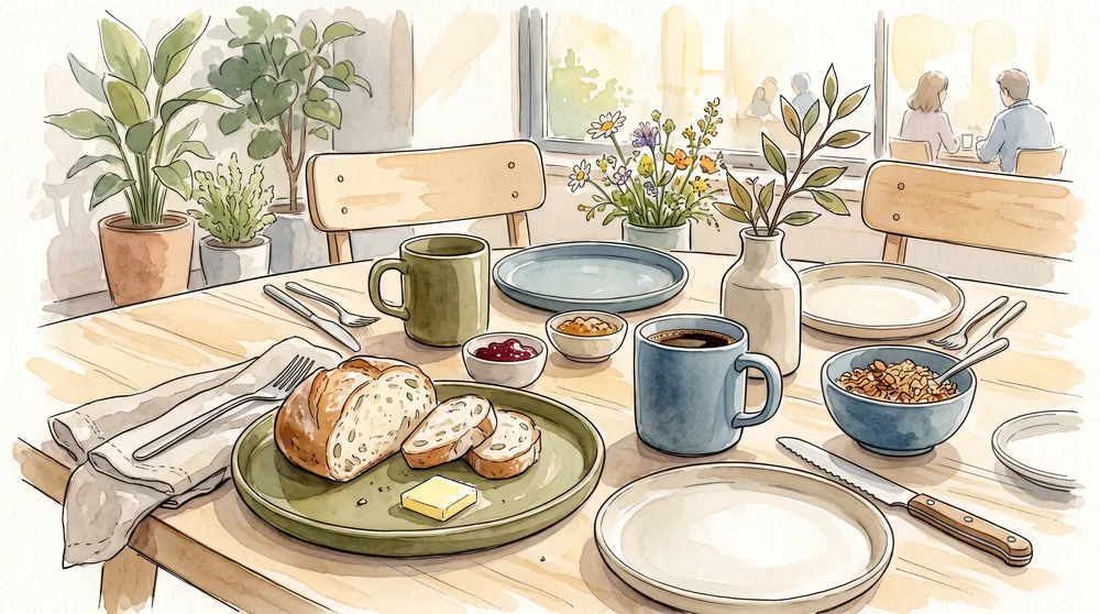 北欧テイストのモダンな波佐見焼のプレートとマグカップを食卓に並べたイラスト