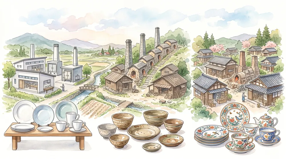 波佐見焼・美濃焼・有田焼それぞれの産地の窯元と代表的なうつわを並べたイラスト