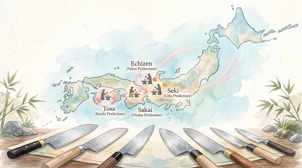 日本地図の上に関市・堺市・越前市・土佐の刃物産地を示し、返礼品の包丁を並べたイメージイラスト