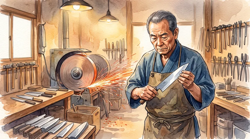 関市の刃物工場で仕上げられる関孫六の三徳包丁と職人の手元を描いたイラスト