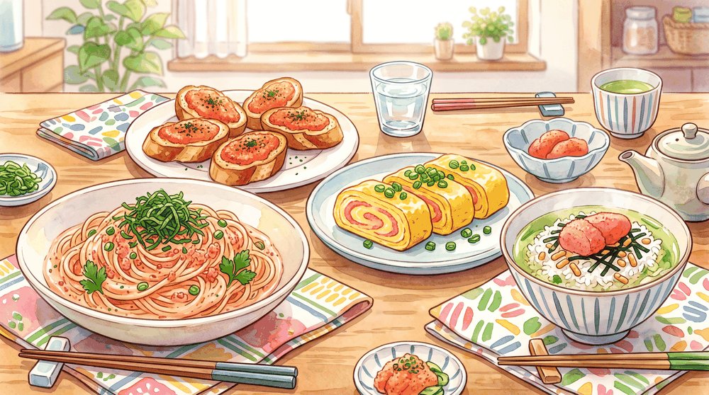 明太子パスタ、明太フランス、だし巻き卵など明太子のアレンジ料理を並べたイラスト