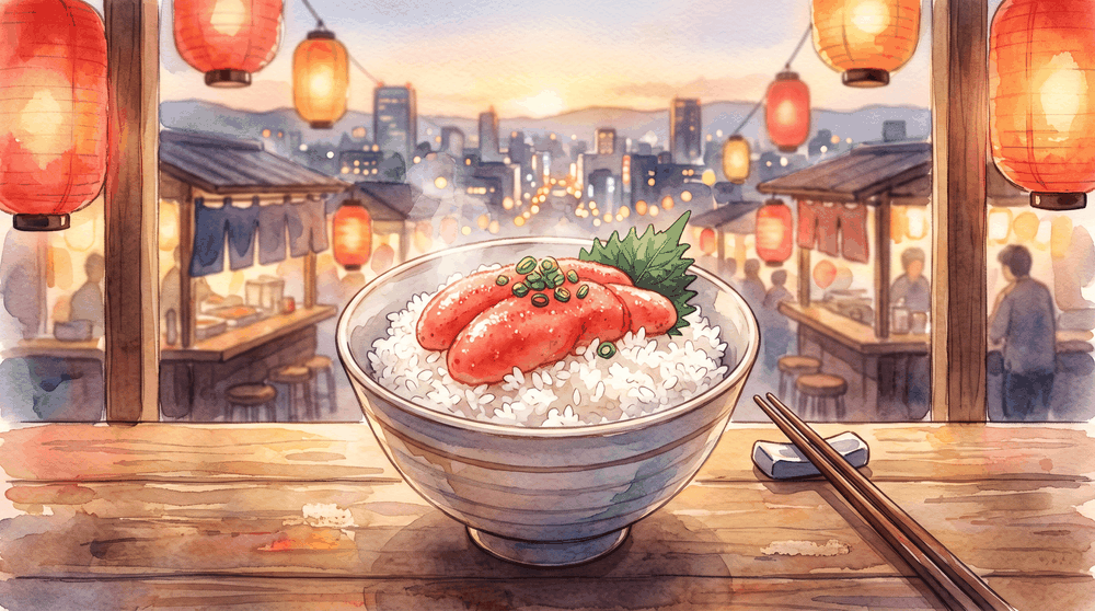 炊きたてご飯にのせた博多の辛子明太子と福岡の街並みを描いたイラスト