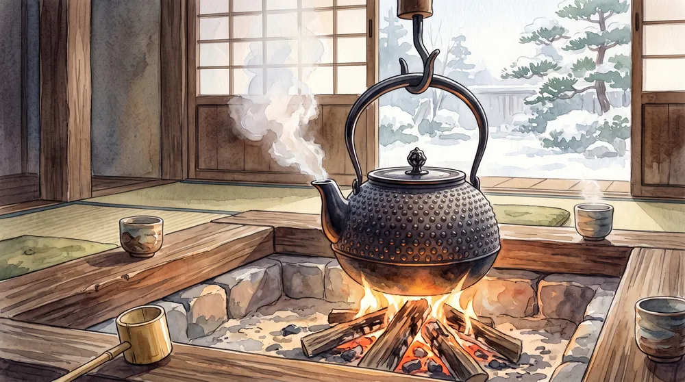 囲炉裏端で湯気を上げる風格ある南部鉄器の鉄瓶と霰模様のアップを描いたイラスト