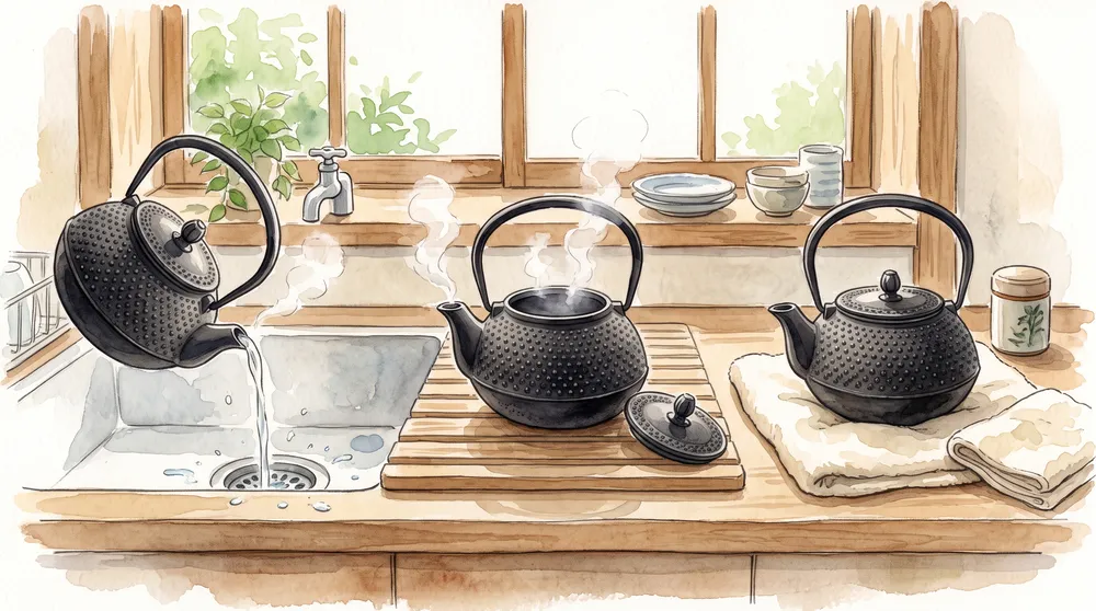 鉄瓶の湯を使い切り、余熱で乾かすお手入れの手順を描いたイラスト