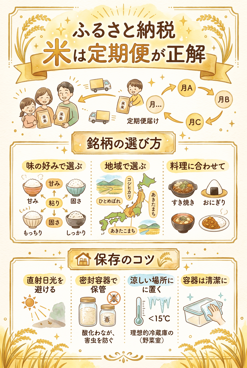 ふるさと納税でもらえるブランド米と定期便の選び方まとめインフォグラフィック