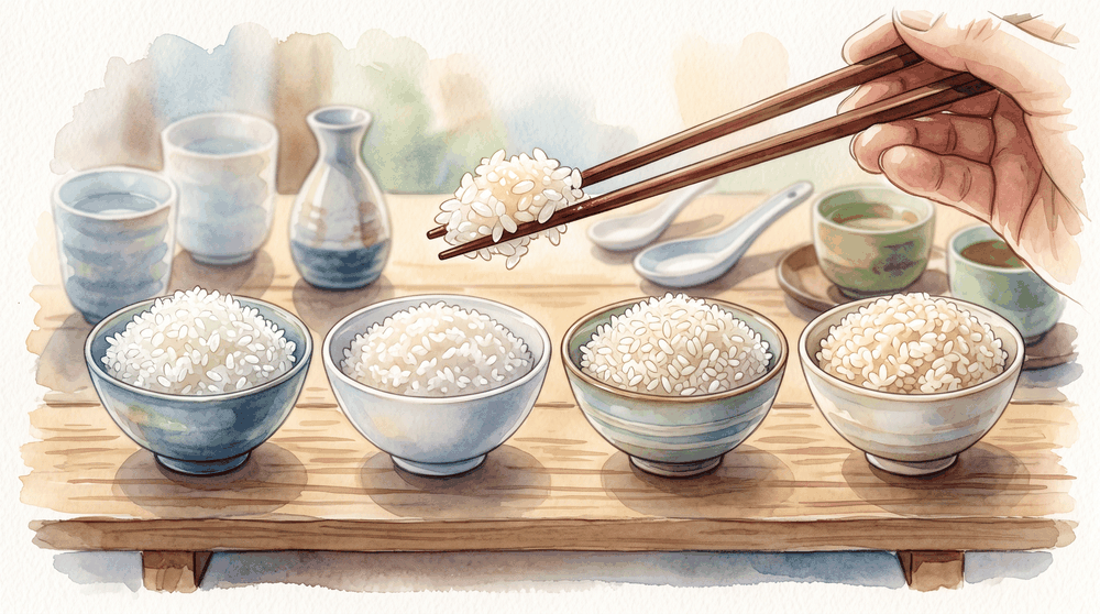 コシヒカリ・つや姫・ゆめぴりかなどブランド米の食味の違いを比較したイラスト