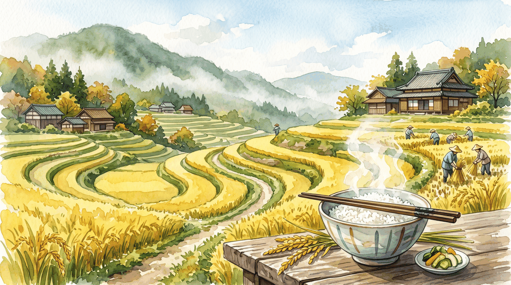 黄金色の田んぼと炊きたての白いご飯、米袋を描いたイラスト