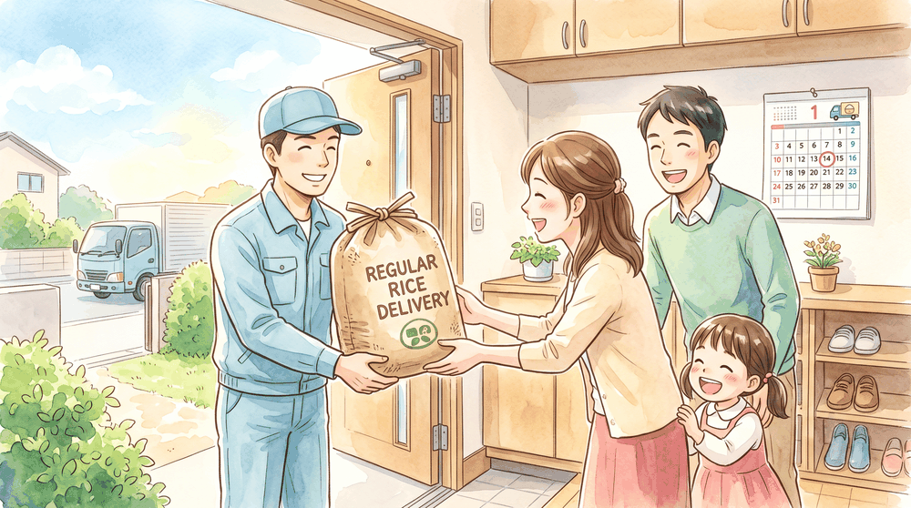 毎月玄関に届く米の定期便と、カレンダーに印をつける家族を描いたイラスト