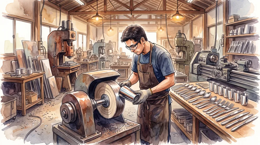 燕三条の工場でカトラリーやタンブラーを磨き上げる職人の手元を描いたイラスト