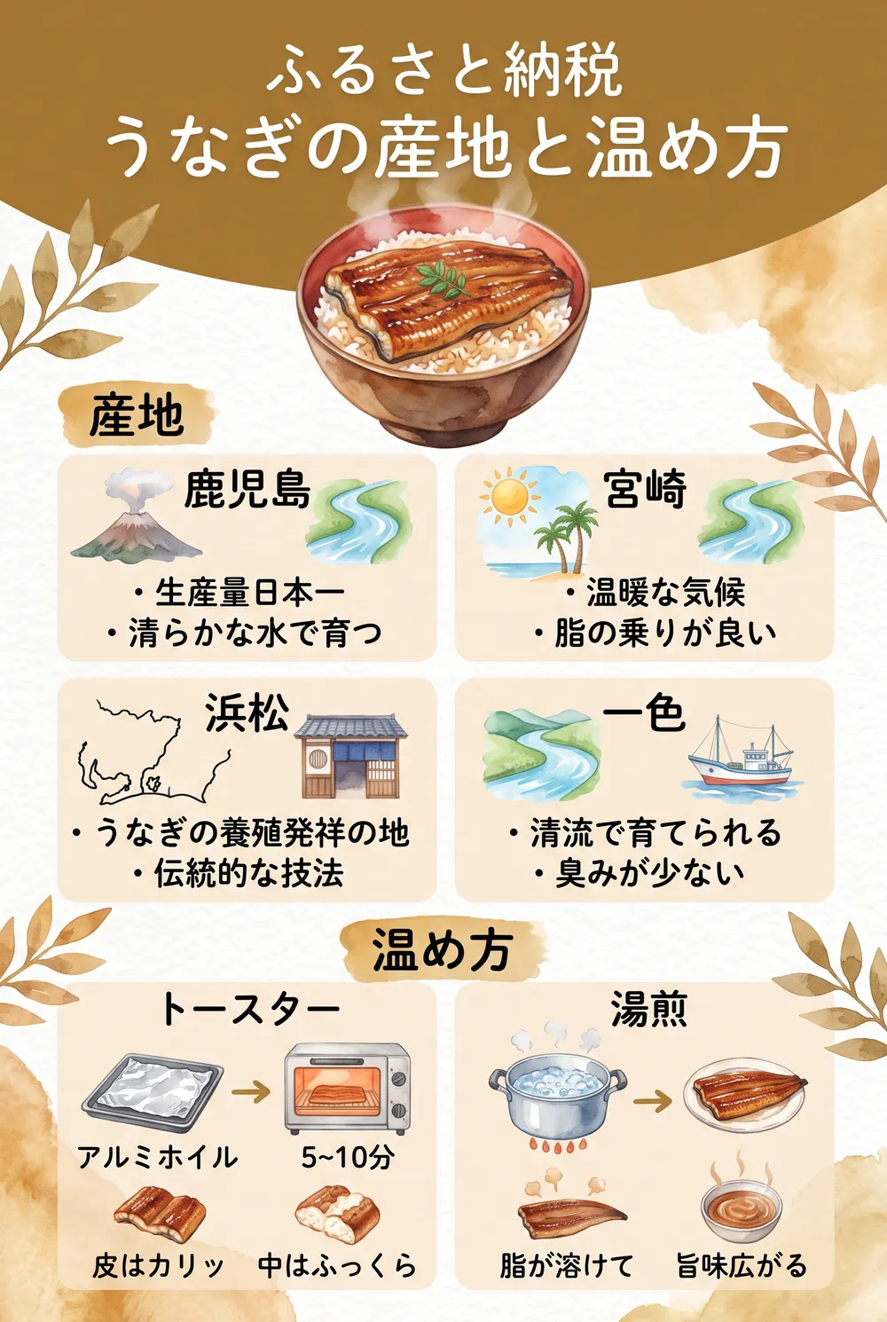 ふるさと納税でもらえる国産うなぎの産地別まとめと温め方インフォグラフィック