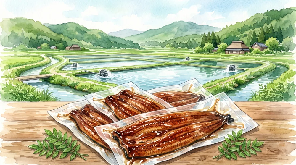 鹿児島の豊かな地下水で育つ養鰻場と、大きく肉厚な蒲焼のセットを描いたイラスト