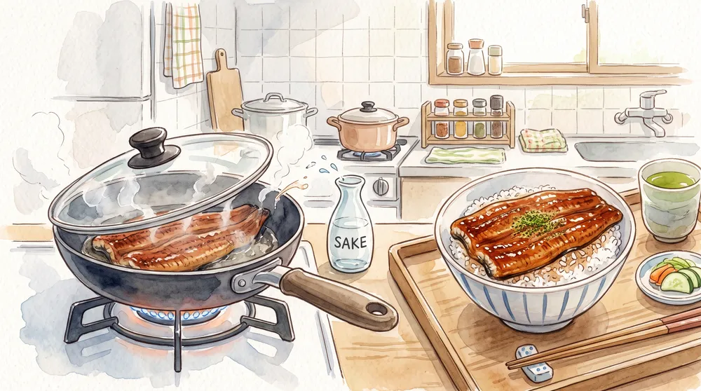 冷凍うなぎを湯煎とフライパンでふっくら温め直す手順を描いたイラスト