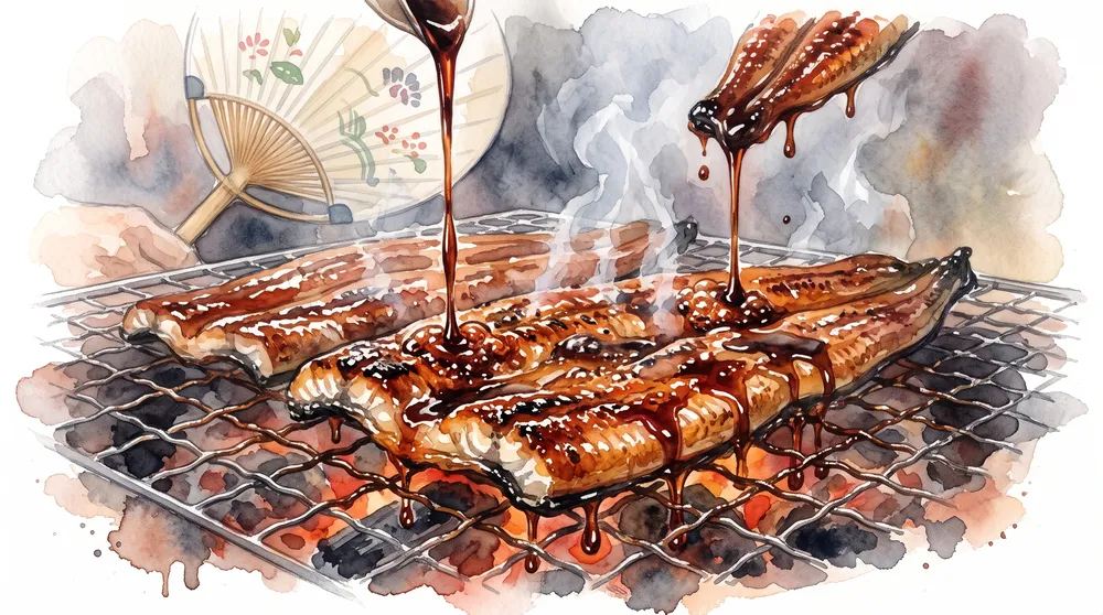 炭火の上で照りよく焼き上がる国産うなぎの蒲焼と、ご飯にのせたうな重を描いたイラスト