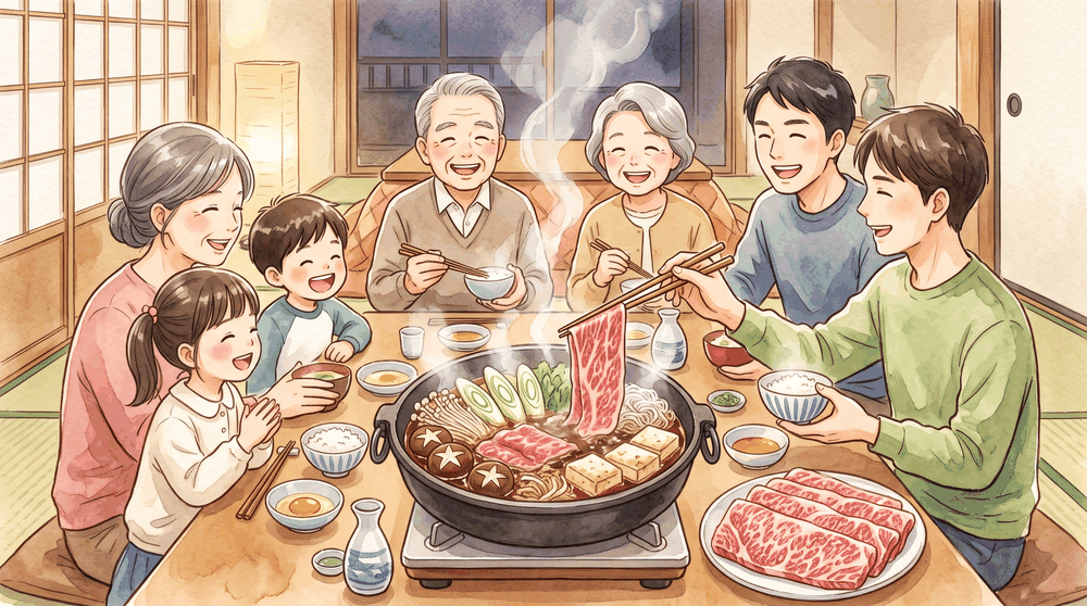 美しいサシの入ったブランド和牛のスライスと、すき焼き鍋を囲む食卓を描いたイラスト