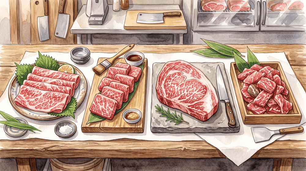 すき焼き用ロース、焼肉用カルビ、切り落とし、ステーキの部位と用途を比較したイラスト